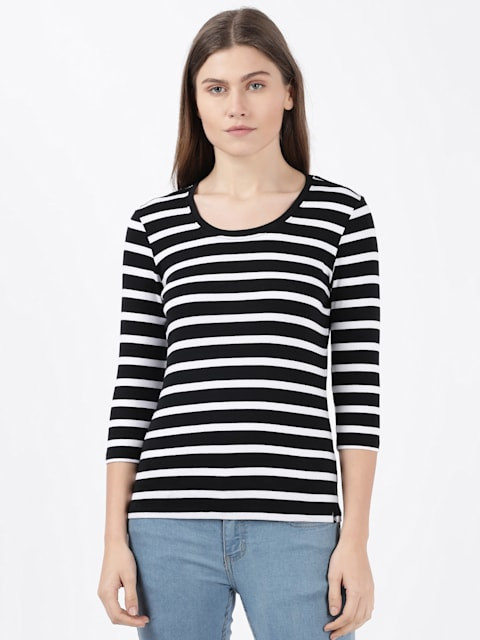 Women's Super Combed Cotton Elastane Stretch Slim Fit Striped Round Neck  Three Quarter Sleeve T-Shirt - Assorted